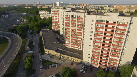 Aerial-view-of-Kazan-city-Russia-Apartment-blocks-and-road-traffic